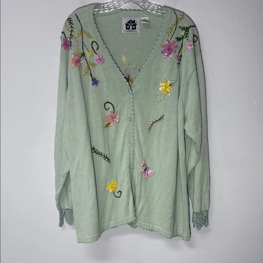 Storybook Knits Pastel Green Cardigan Floral Embroidery Sequins Plus Size 3X - Picture 1 of 12